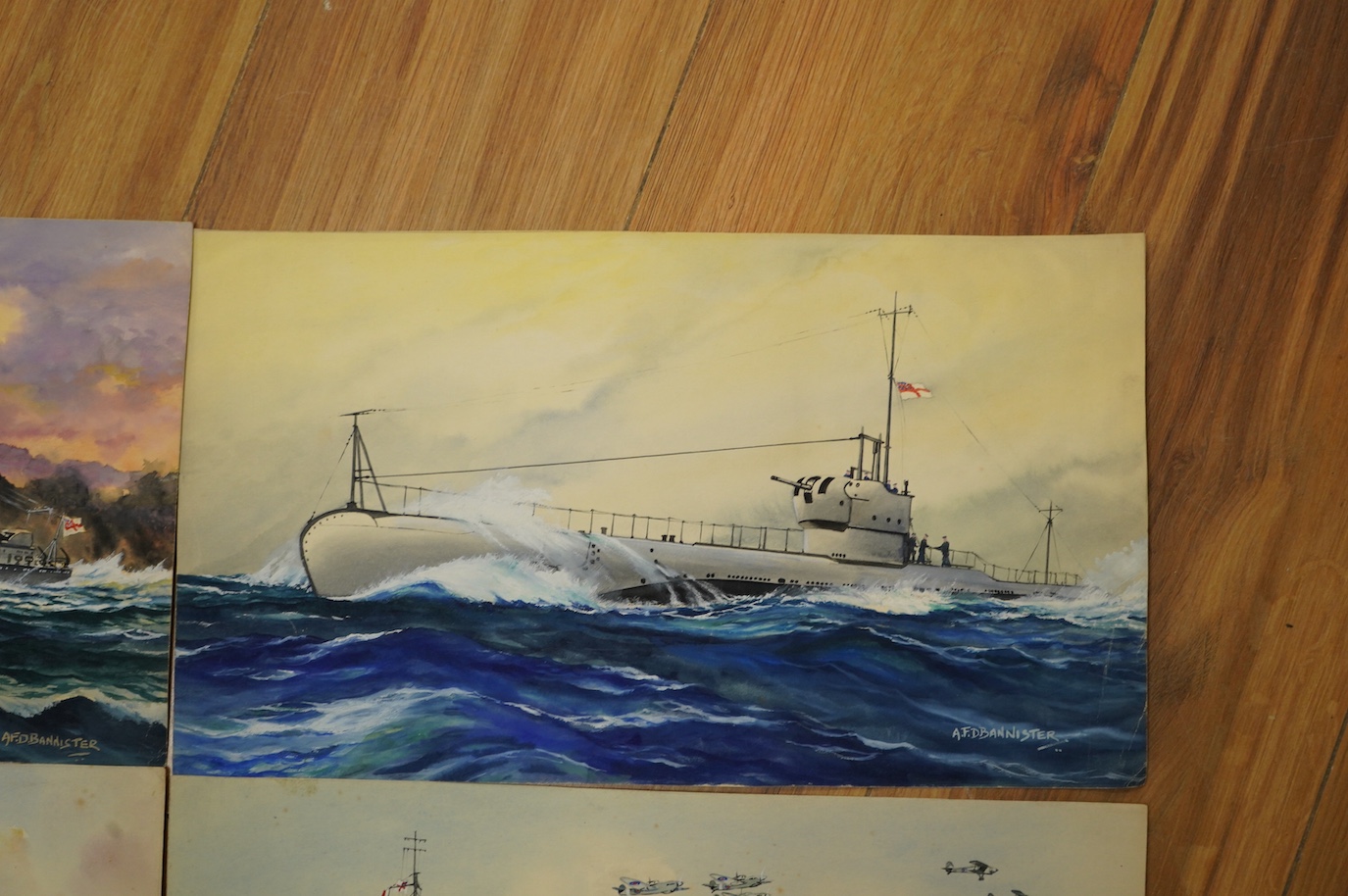 AFD Bannister, set of four original WWII watercolours for post card designs, Warships to include ‘HM Submarine Pandora’, ‘HMS Lightening Destroyer’ and ‘HMS Formidable Aircraft Carrier’, each signed with official censor